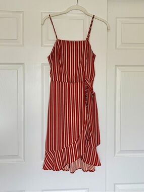 Women’s Red and White Striped Spaghetti Strap Wrap Dress — Size Small
